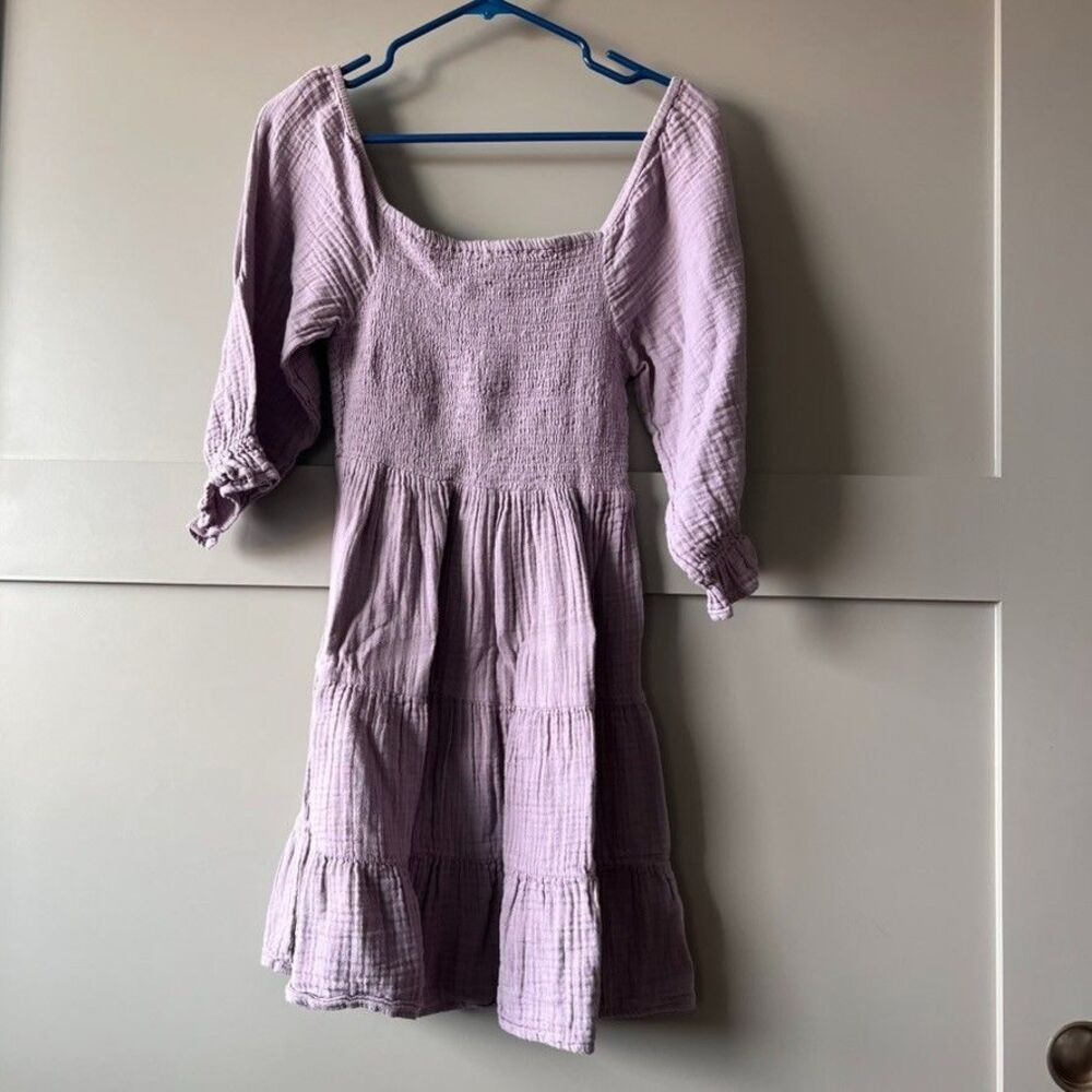 J Gee Prairie Mini Dress Boho Smocked Petite M Tiered Purple 3/4 Sleeve Tiered‎